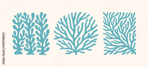 Boho Sea Coral Icon Set. Vector Seaweed and Reef Silhouettes. Matisse Style Ocean Simple Plant. Coastal Summer Beach Illustration for Print, Poster, Logo. Underwater Organic Shapes. Naive Art Coral