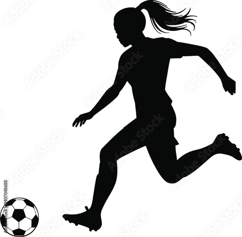 Women Soccer player silhouettes in action, different poses, vector illustration