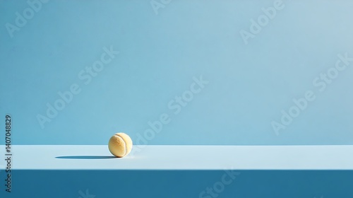 Minimalist image of a tennis ball on an even solid blue surface sharp details