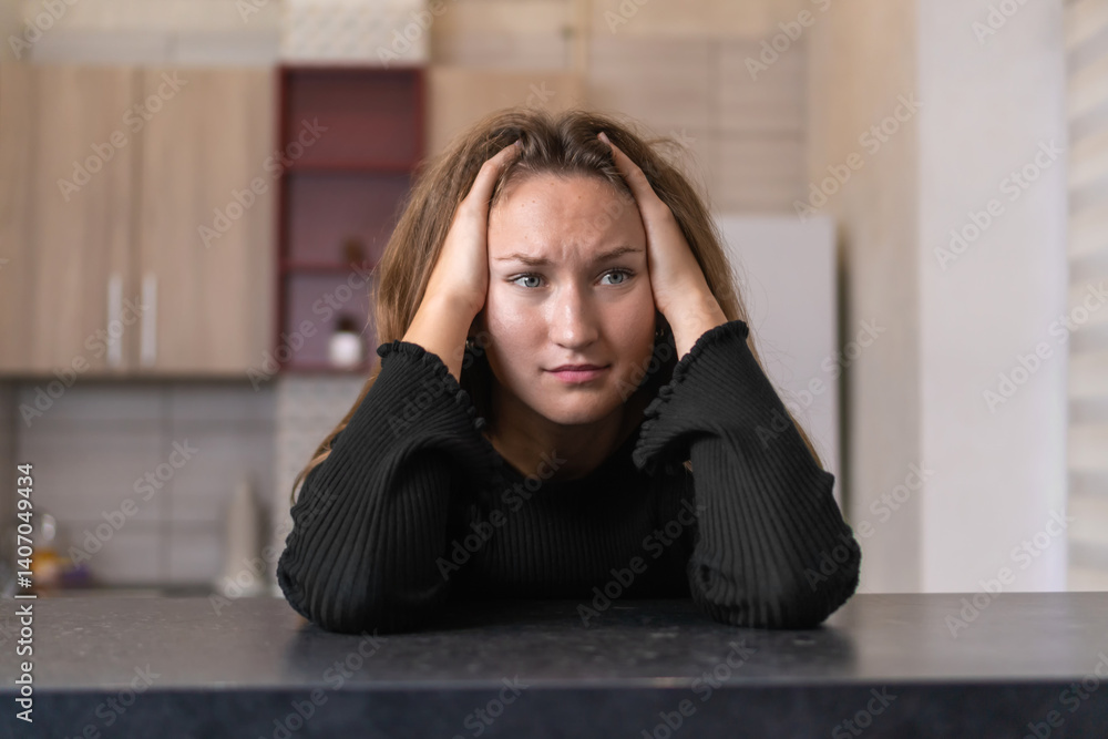 Exhausted woman suffering from headache or chronic migraine, sitting at kitchen table and touching head with hands, feeling desperate and stressed, having psychological problem