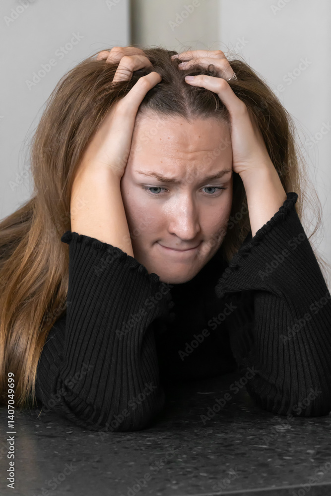 Stressed young woman holding her head with hands while sitting at a table, suffering from a strong headache or migraine, experiencing emotional stress and anxiety. Vertical photo