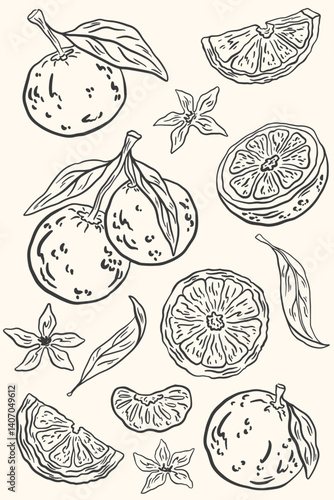 Hand drawn orange fruits with leaves and flowers. Sketch doodle citrus. Summer abstract fruit poster for pattern, poster, card, banner, cover. Vector La dolce vita italian style botanical illustration