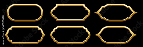 Golden Islam frames. Vintage Arabian, Indian, Turkish decorative shapes isolated on black. Ornamental border set with classic arabesque shapes. Realistic vector illustrations collection.
