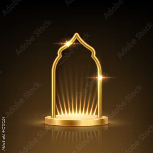 Golden podium with Islamic arch on black background. 3d empty gold award platform with glowing Muslim frame and glowing light rays. Abstract vector illustration.