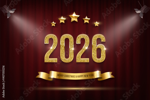 2026 Happy New Year greeting card. Holiday banner. Festive postcard. Golden glitter number 2026 with congratulations ribbon is on red curtains background with spotlights. Trendy vector illustration.
