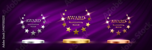 Gold, silver, bronze award podiums with star wreath on purple curtains background. Winners stages for first, second and third places. Championship, sport, movie event. Abstract vector illustration.