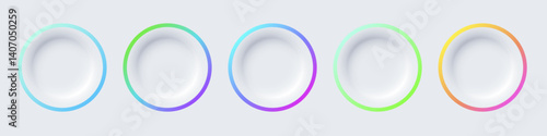 Round color frames with illuminated neon borders on white background. Glowing white circle frames with color lines. Modern abstract futuristic geometric vector illustration set in soft pastel tones.