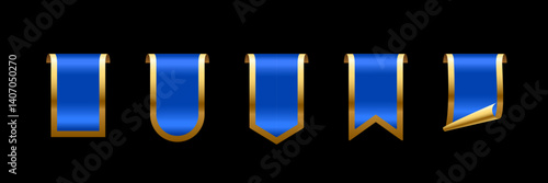 Blue tag with golden frame set vector icons. Sales promotion banners, labels, ribbons collection for online shopping. 3d realistic web element for promotion, discount, best seller product on black.