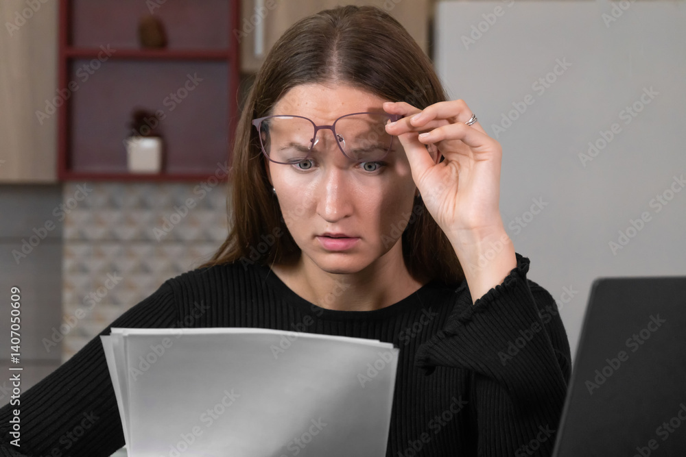 Stressed young businesswoman raising her glasses while reading documents with a shocked expression, working from home at her laptop, surrounded by paperwork in her kitchen office