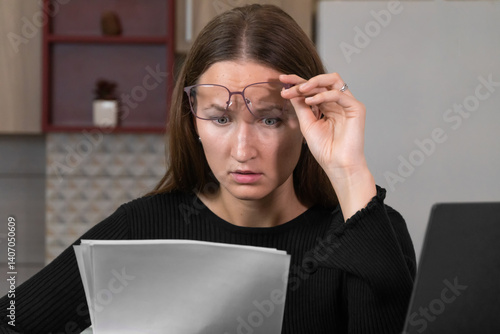 Obraz na płótnie Stressed young businesswoman raising her glasses while reading documents with a shocked expression, working from home at her laptop, surrounded by paperwork in her kitchen office w salonie