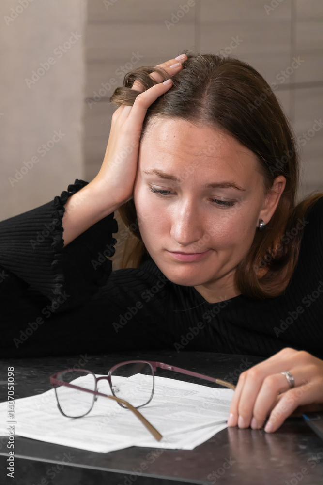 Exhausted young woman resting her head on her arm at a desk, her eyeglasses lying on paperwork in front of her, conveying a sense of fatigue and stress. Vertical photo