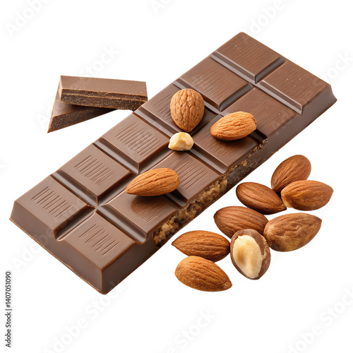 A sleek milk chocolate bar is elegantly displayed with scattered almonds nearby, emphasizing the blend of rich chocolate and crunchy nuts. The smooth surface and subtle PNG transparent