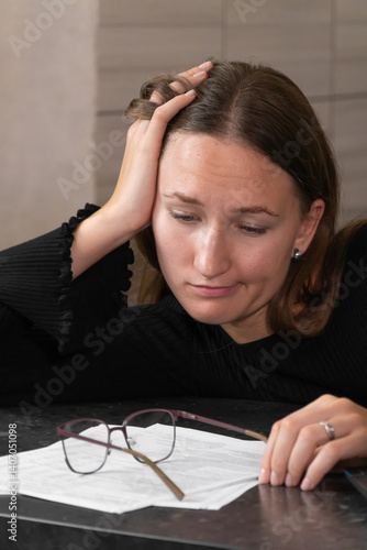 Obraz na płótnie Exhausted young woman resting her head on her arm at a desk, her eyeglasses lying on paperwork in front of her, conveying a sense of fatigue and stress. Vertical photo w salonie