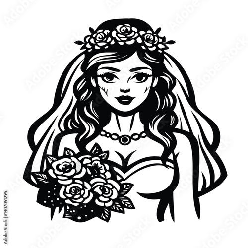 A beautiful young bride adorned with a floral wreath and holding a rose bouquet