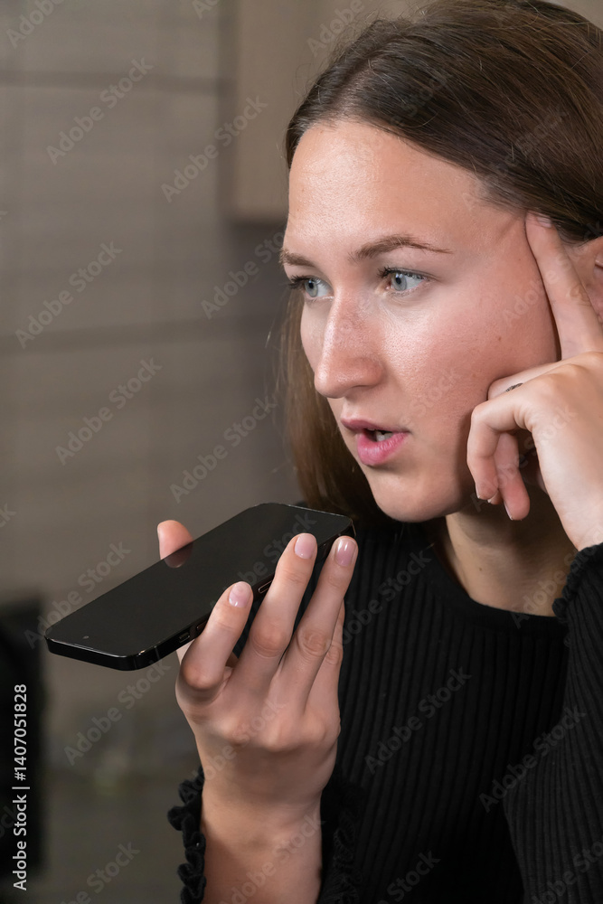 Young woman using a smartphone, recording a voice message while touching her ear, deeply concentrating on listening, standing in a modern kitchen filled with natural light