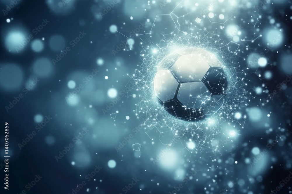 Fototapeta premium Football championship light background. Vector illustration of abstract glowing neon colored soccer ball and hexagon grid pattern over blue background