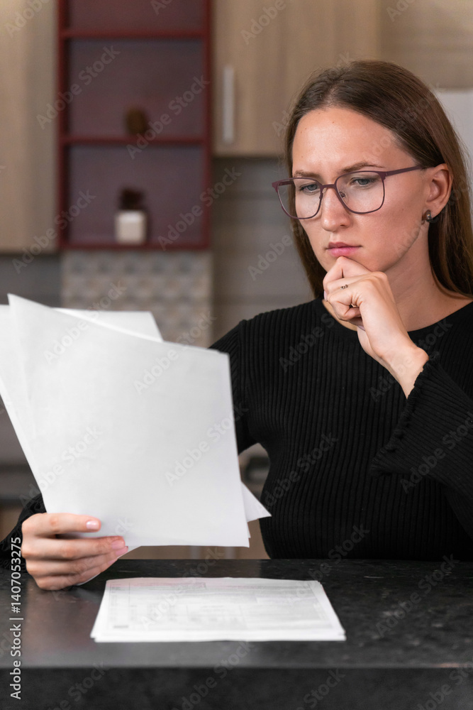 Young businesswoman wearing glasses, reading through important documents and thoughtfully resting her hand on her chin, seated at a table in a cozy home office environment. Vertical photo