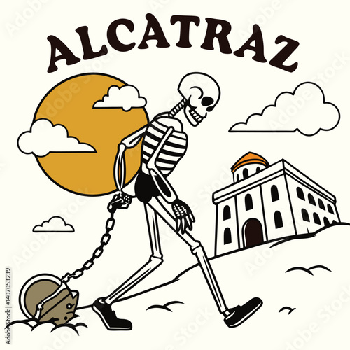 Alcatraz Skeleton Prisoner Retro Illustration With Ball And Chain