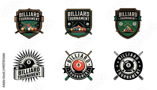 billiard tournament Logo with Shield, Pool Cue, and Ball
