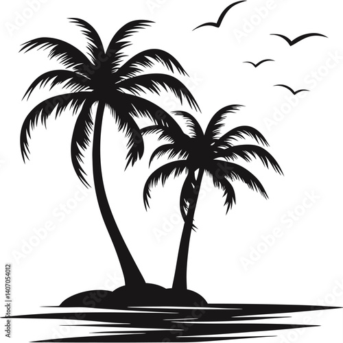Black silhouette of two majestic palm trees on a tranquil island with birds flying
