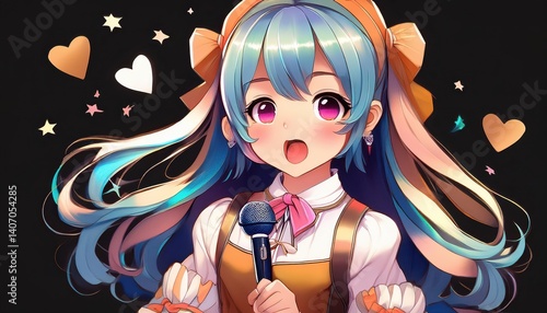 Enthusiastic Anime Girl Idol on Black Background, Performing with Passion and Energy in a Vibrant Anime Artwork, Perfect for Digital Art, Home Decor, or Design Inspiration.