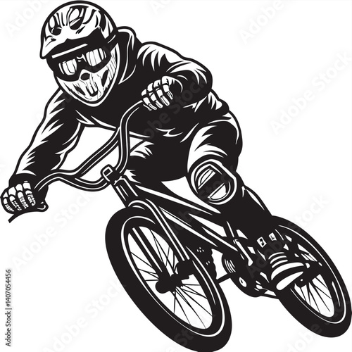 Dynamic black and white illustration of a bmx rider in action with protective gear