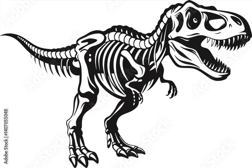 Ancient T-Rex Fossil Graphic – Tyrannosaurus Rex Skeleton Icon Design | Prehistoric Dinosaur Art for Paleontology, Tattoo, and Merchandise