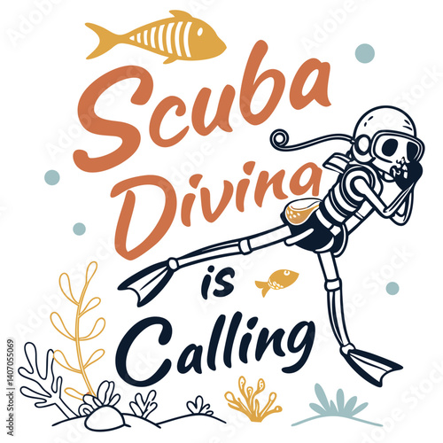 Scuba Diving Illustration Featuring Diver Skeleton Undersea Flora And Fauna Invitation Poster