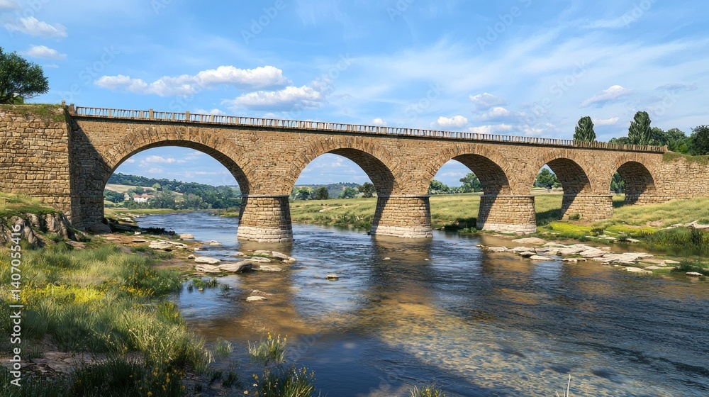 Stone arch bridge spans tranquil river. Lush greenery surrounds the waterway. Sunny day with clear sky Stone arch bridge spans tranquil river. Lush greenery surrounds the waterway. Sunny day with clear sky