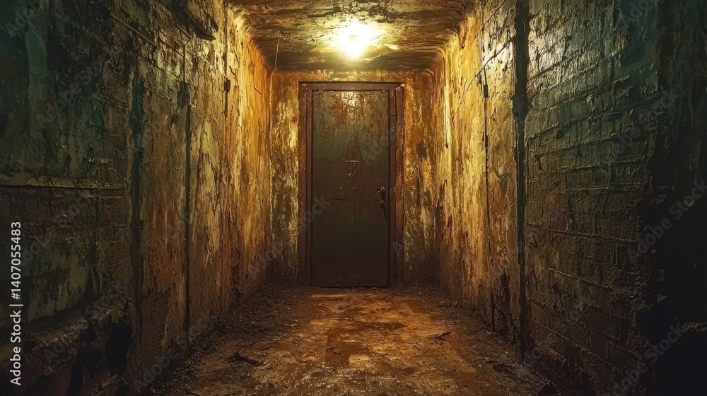 Obraz premium Survivors navigate dimly lit underground bunkers searching for supplies in a radiation-proof shelter