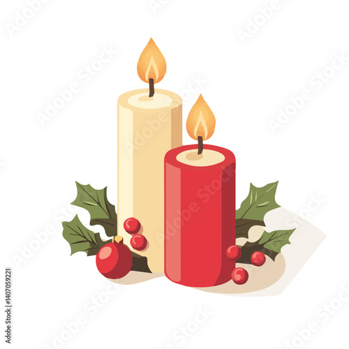 My flat 2D vector illustration of a Christmas Candle with holly berry isolated, designed as an icon, and isolated on a white background. simple icon design, set collection