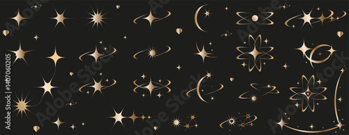 Set Luxury Y2K stars twinkle bling isolated white background. Abstract gold sparkle tattoo shapes. Collection simple Geometric sign vector illustration. EPS 10