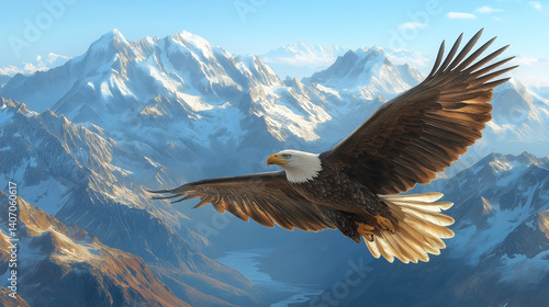 Bald eagle gliding over snowy mountain valley