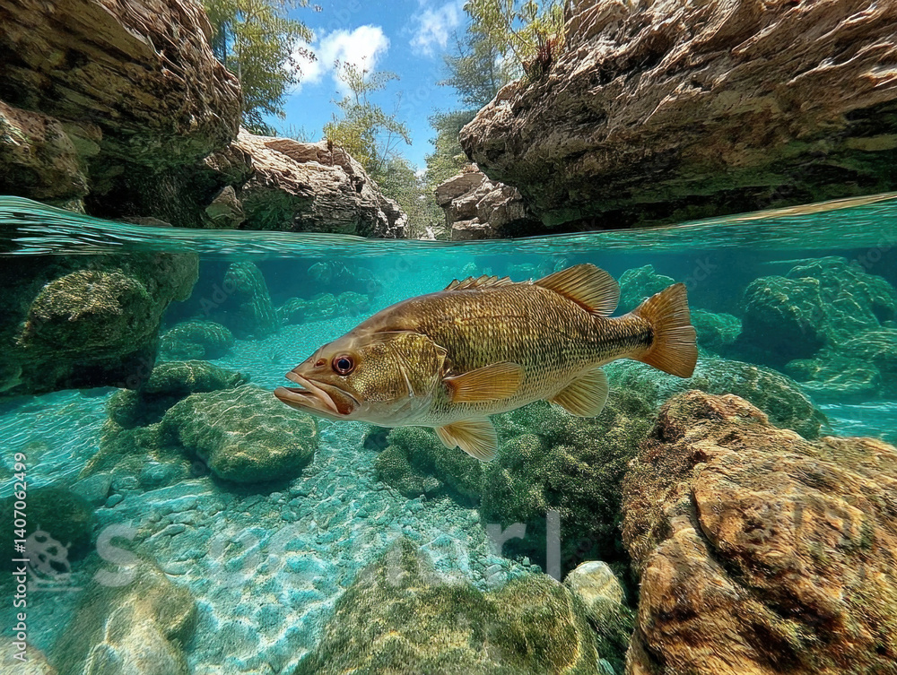 Fototapeta premium A stunning image of a smallmouth bass swimming in clear water