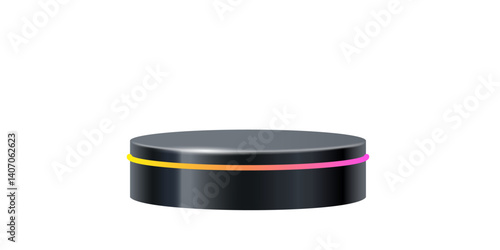 Black round podium with glow neon line. Product display stand isolated on white background. Cosmetic showcase pedestal, platform, stage for product presentation. Realistic vector illustration.