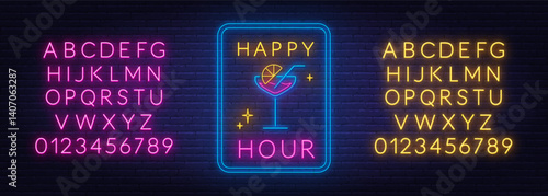 Happy Hour with cocktail neon sign on brick wall background