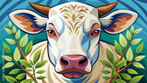 White black milch cow on green grass pasture