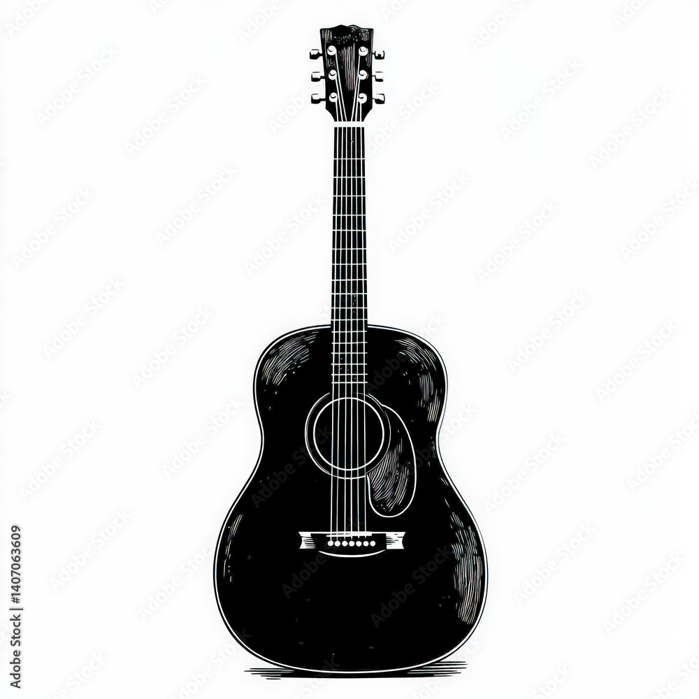 Obraz premium acoustic guitar silhouette , black and white illustration isolated on white background