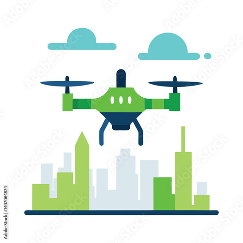 flat design of a drone flying over a cityscape