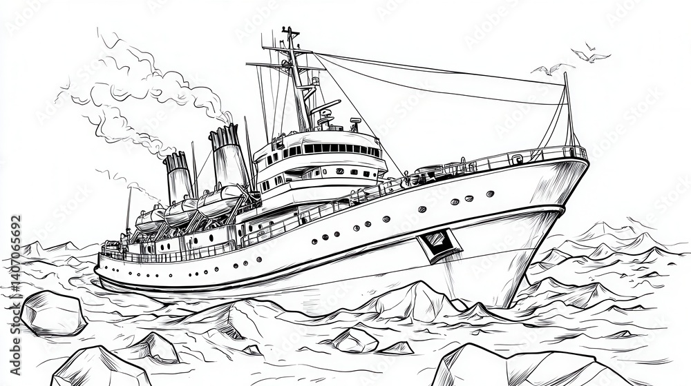 Fototapeta premium Vintage Ship Illustration at Sea