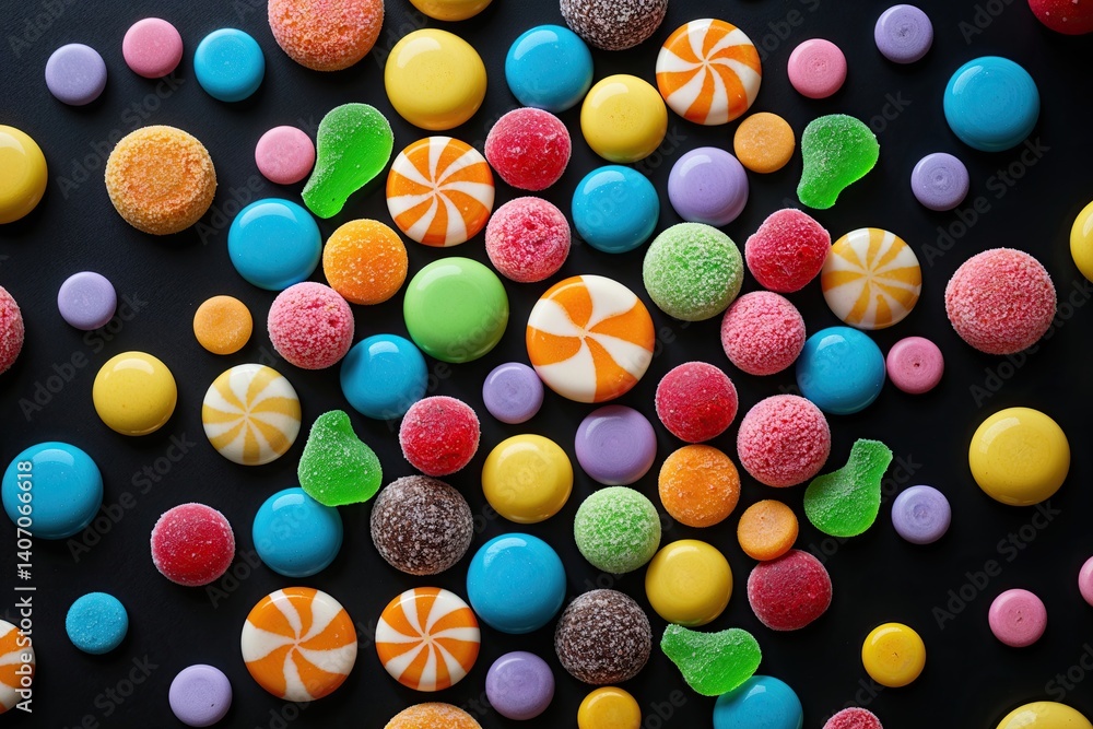 Fototapeta premium Vibrant Candy Crush Effect in Ultra Slow Motion on Black Surface with Colorful Sweet Textures