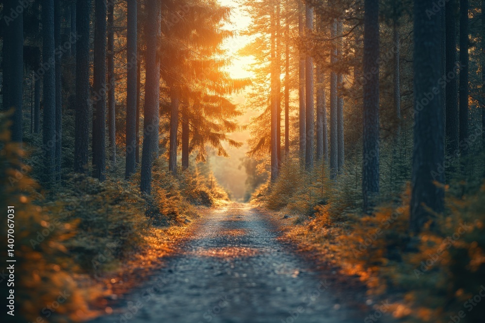 Obraz premium Path Through Majestic Pine Woodland, lovely bokeh: A serene backdrop with towering evergreens and the aroma of pine needles. Generative Ai
