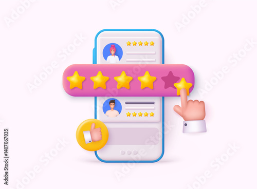 People Characters Giving Five Star Feedback. Vector customer review concepts. 3D Web Vector Illustrations.