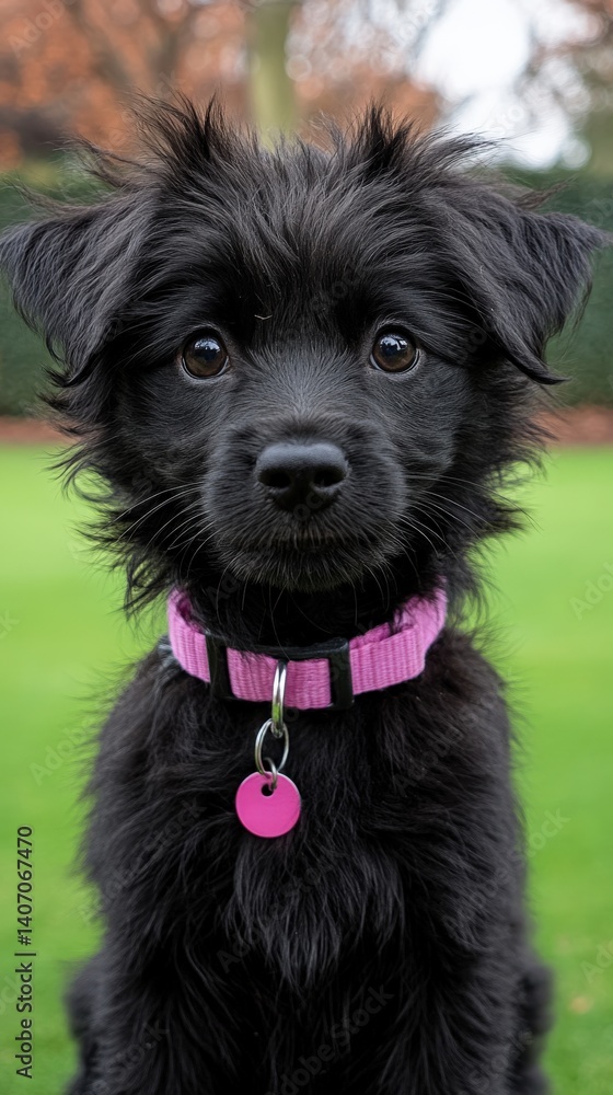 Adorable Black Puppy with Curly Fur and Playful Expression Adorable Black Puppy with Curly Fur and Playful Expression