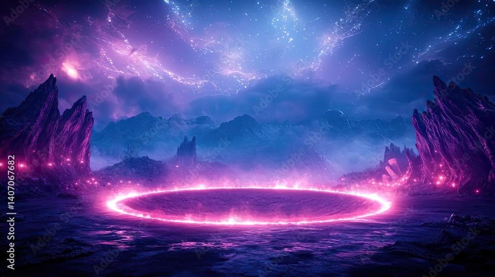 Landscape of alien planet in a fiction and universe imagination concept. Futuristic cosmic landscape with glowing purple portal and mountains. Landscape of alien planet in a fiction and universe imagination concept. Futuristic cosmic landscape with glowing purple portal and mountains.