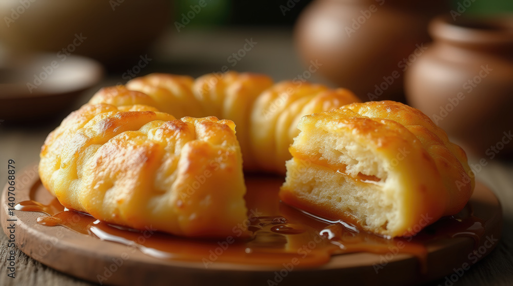 Fototapeta premium A delicious homemade caramel dessert is displayed on a wooden platter. The dessert has a soft texture and is surrounded by clay pots, creating a warm kitchen atmosphere in the late afternoon light