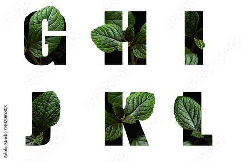 Letters G H I J K L with leaves in text alphabet