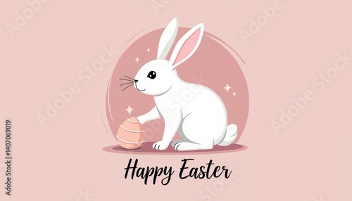 Cute cartoon bunny holding painted egg, Happy Easter greeting card design, pastel colors, festive