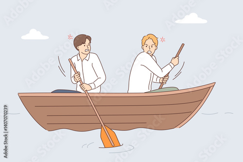 Business conflict between two partners sitting in same boat and rowing in opposite direction