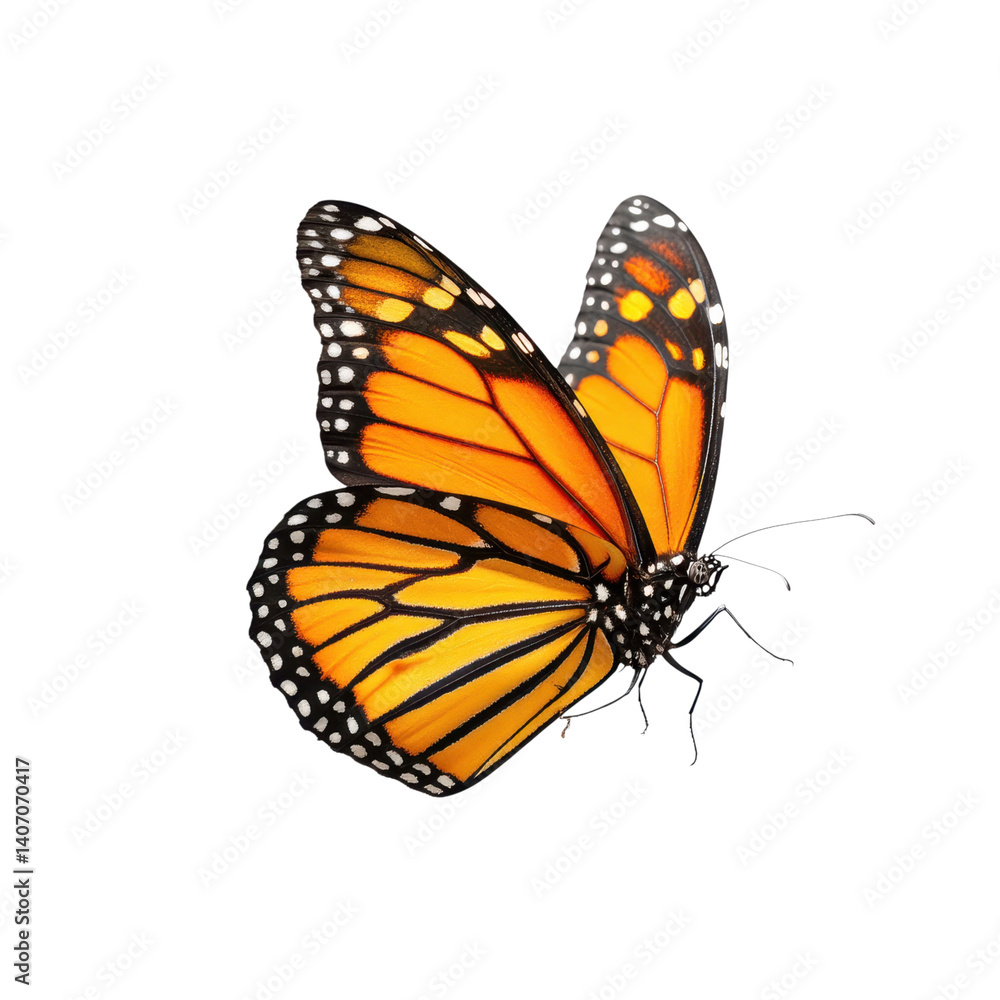 Fototapeta premium Monarch butterfly with orange and black wings isolated on white background. Concept of nature, wildlife, and metamorphosis.